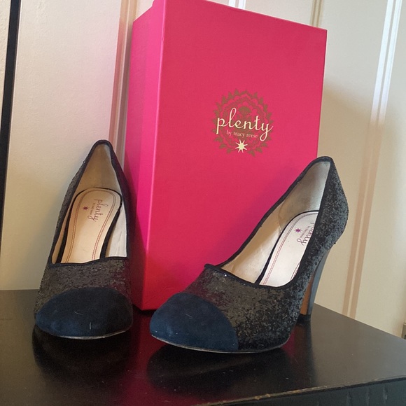 ANTHROPOLOGIE black glitter heels with suede cap toe Plenty by Tracy Reese - Picture 8 of 9